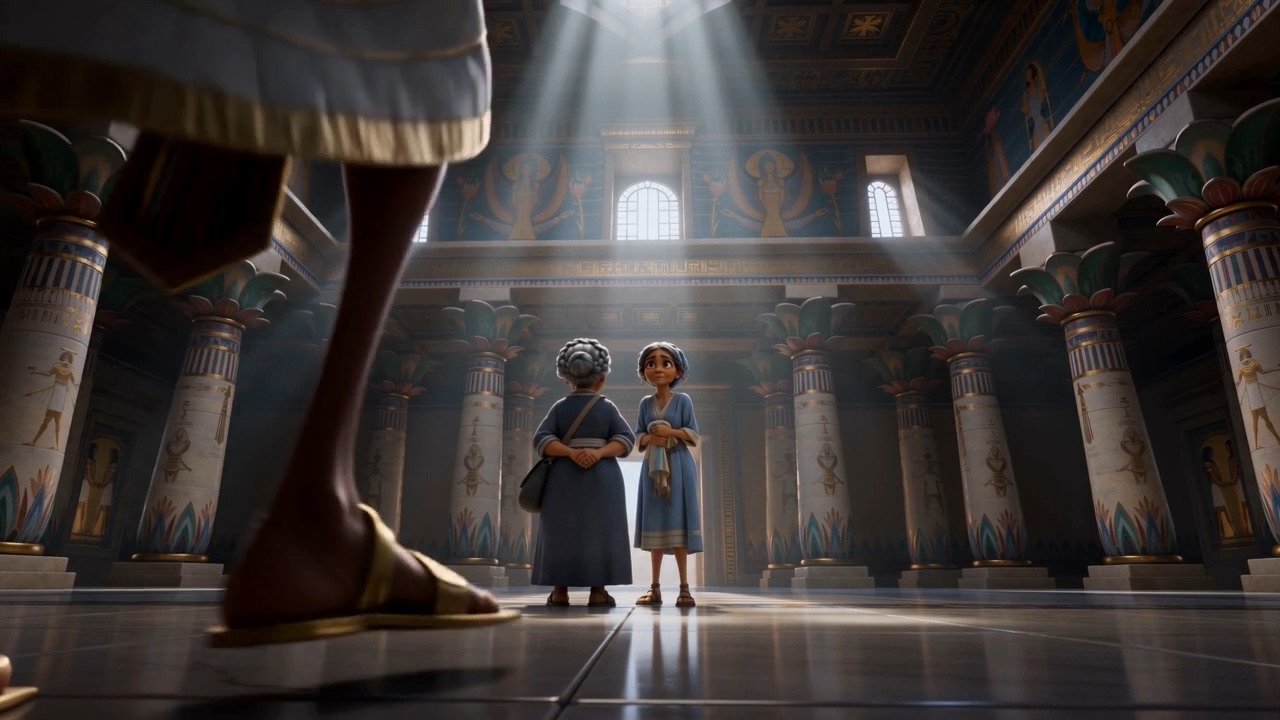 Two midwives stand small in Pharaoh's vast hall