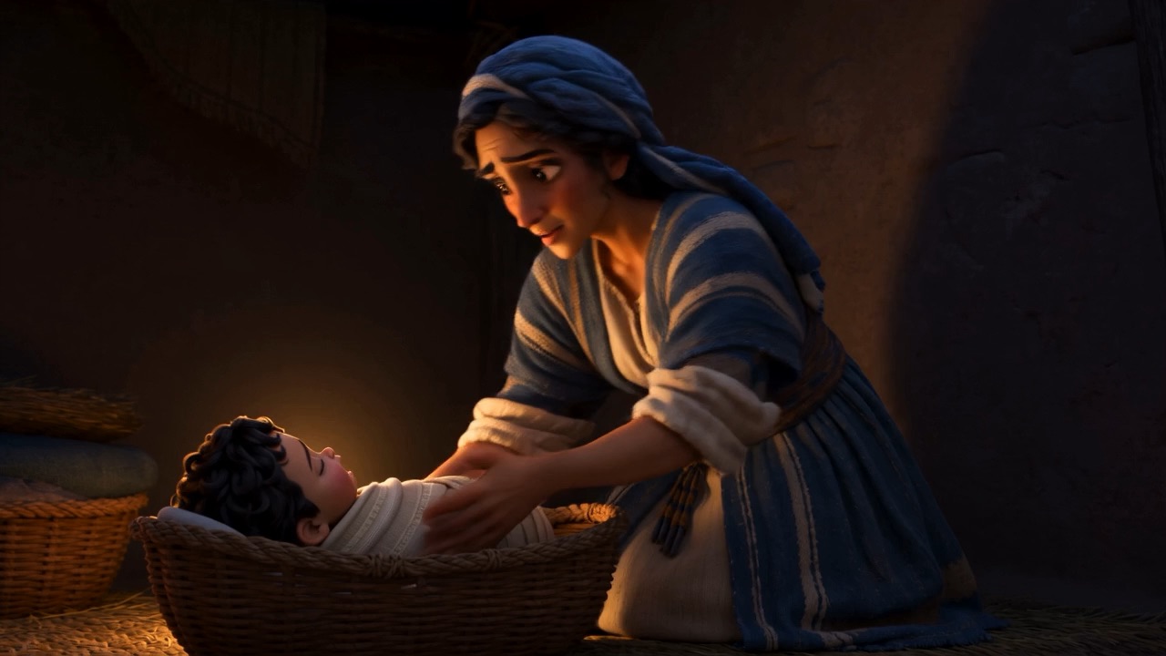 Jochebed muffles the baby's cry against her shoulder