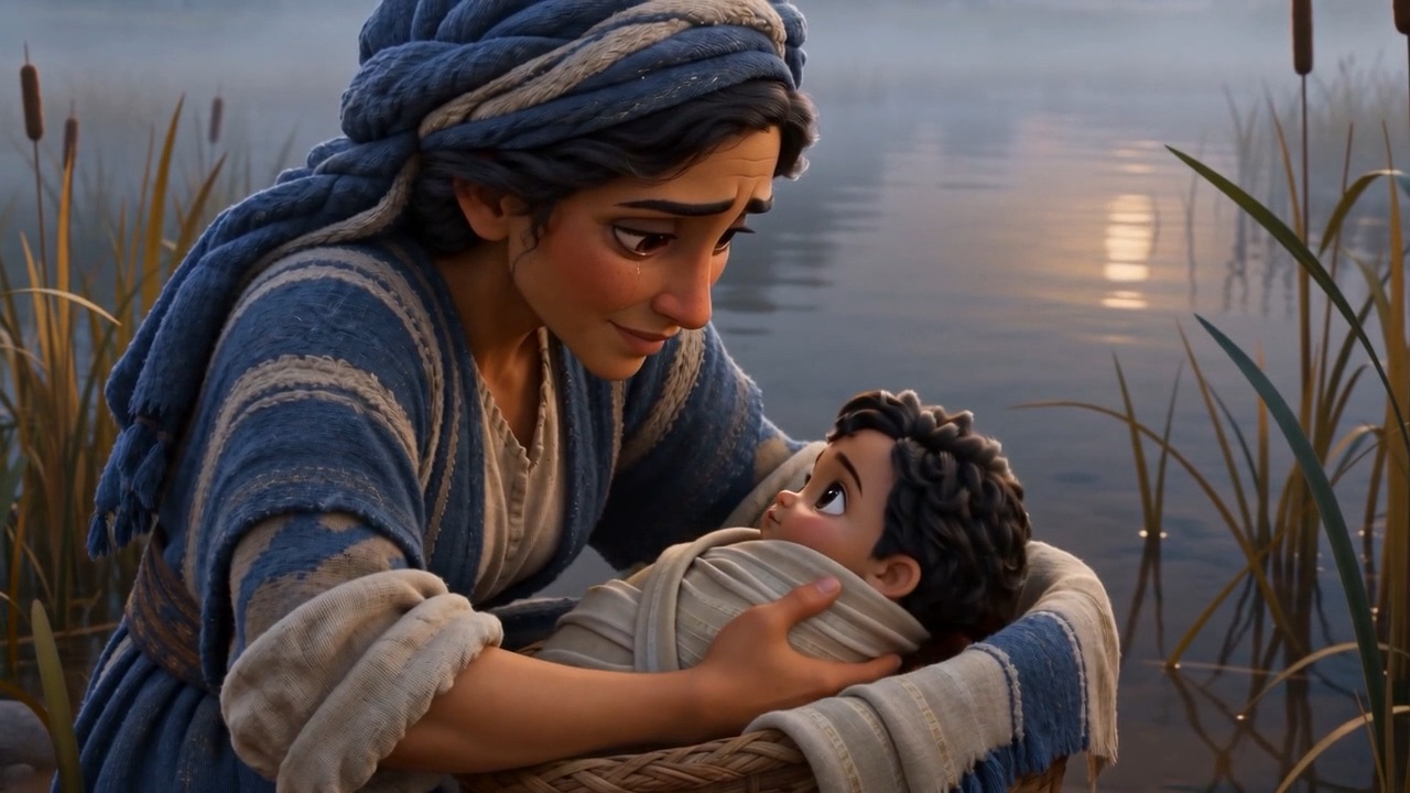 A mother lays her baby in a basket among the reeds