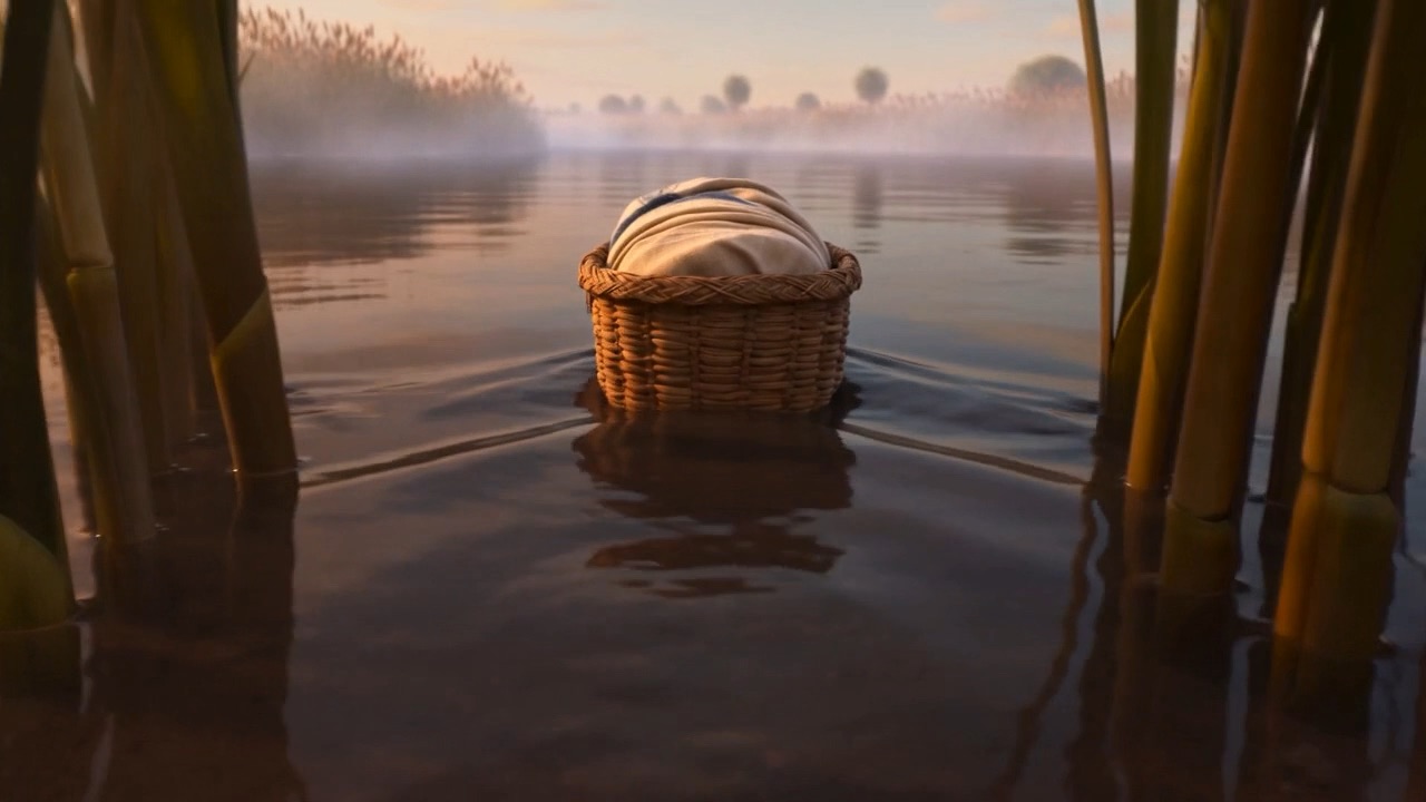 The basket rides the current among the reeds