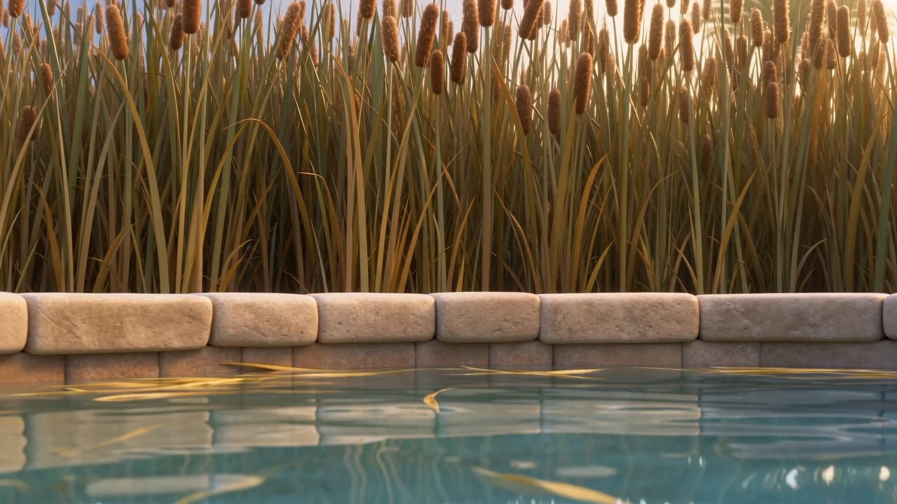 A little girl pops out of the reeds at the pool's edge