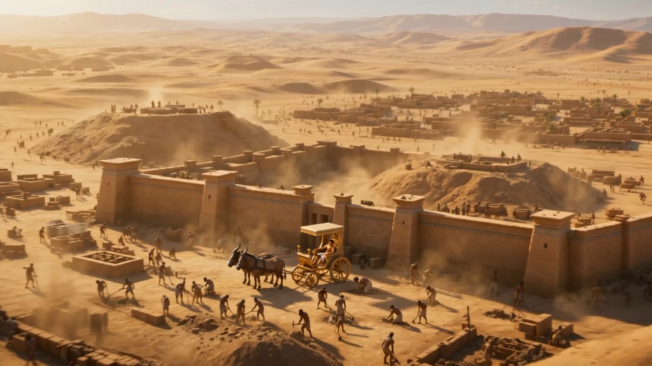 Moses rides a gilded chariot through a construction site