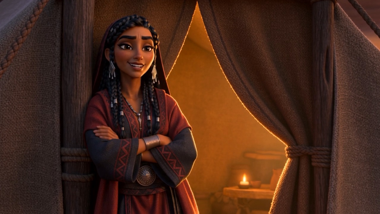 Zipporah at the tent door, arms crossed, amused