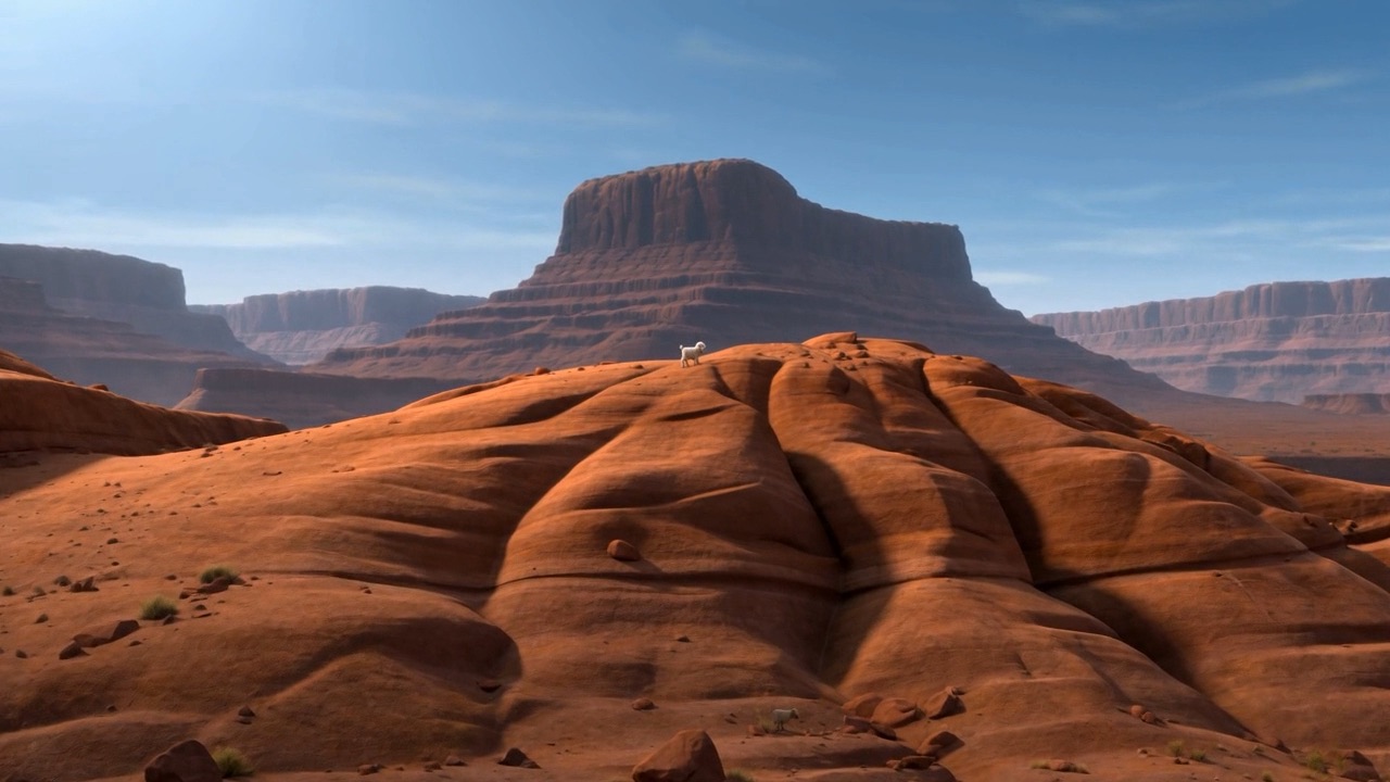 A white goat scampers up the red rock of Horeb