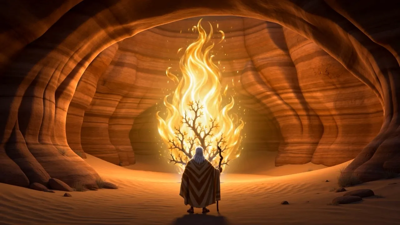 A bush stands wrapped in fire that pours upward — and does not burn