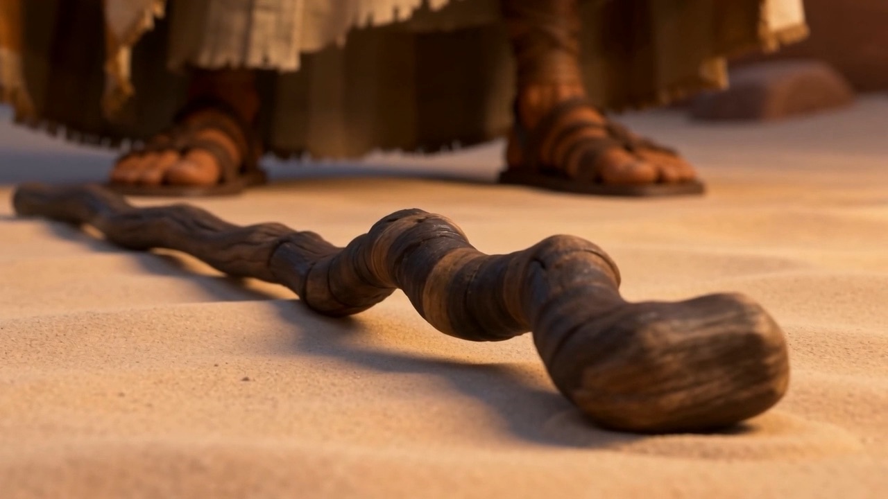 The shepherd's staff lies on the sand, waiting to become a sign