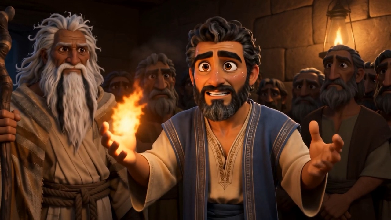 Aaron shows the elders a handful of fire — Show us, they said