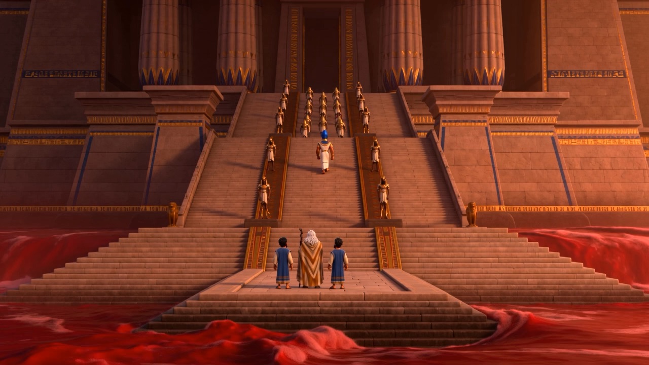 Moses and Aaron hold his stare over the red water