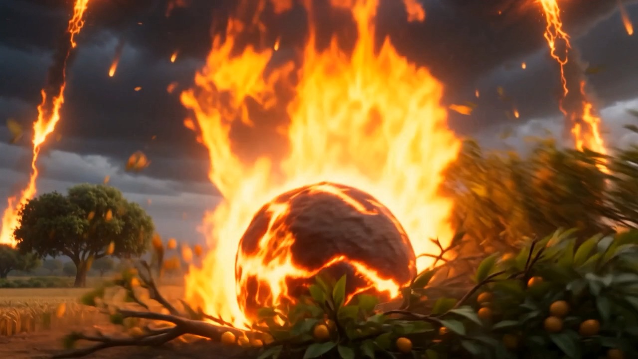 Hail laced with fire rakes the sky