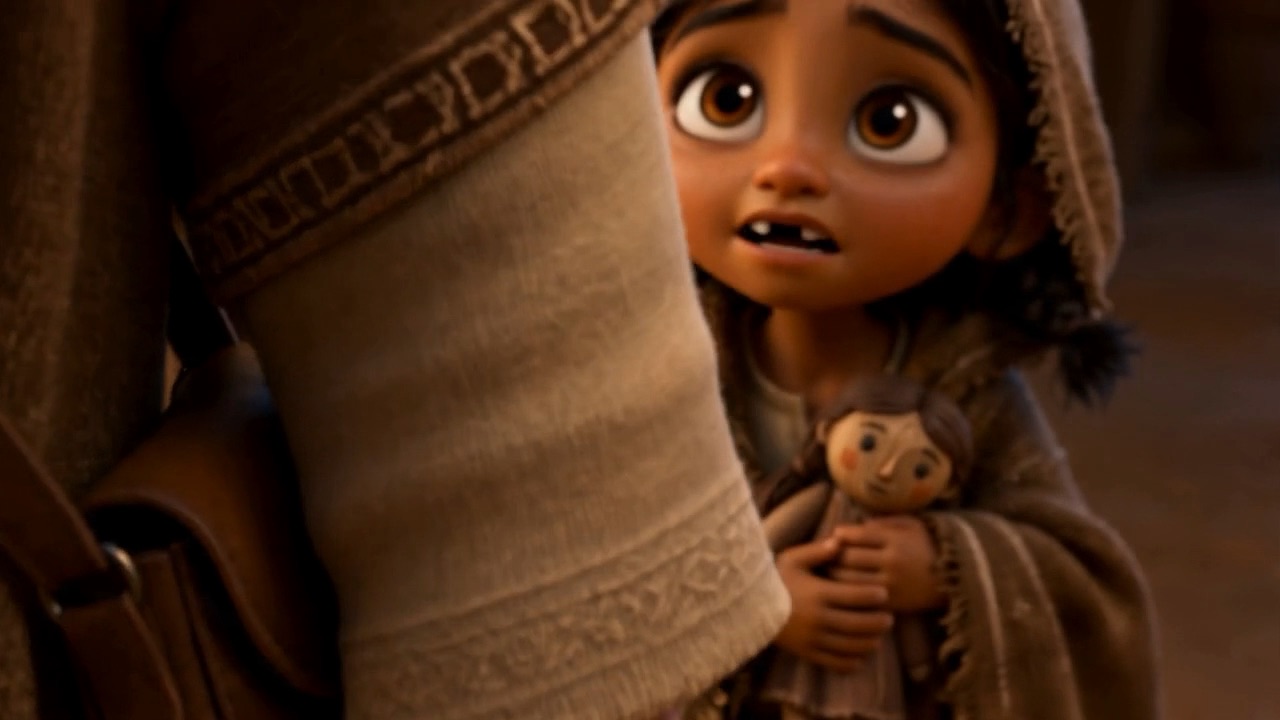 A small girl, holding a doll, at the edge of the light