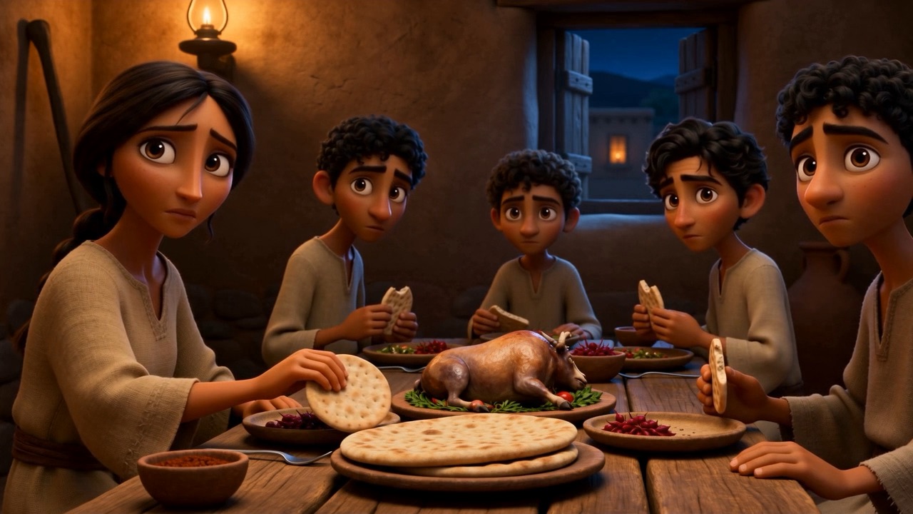 The family at the table, eating standing up