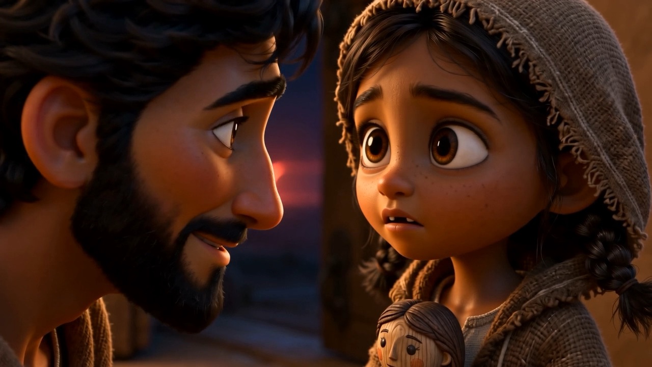 He crouches down to her height to say it