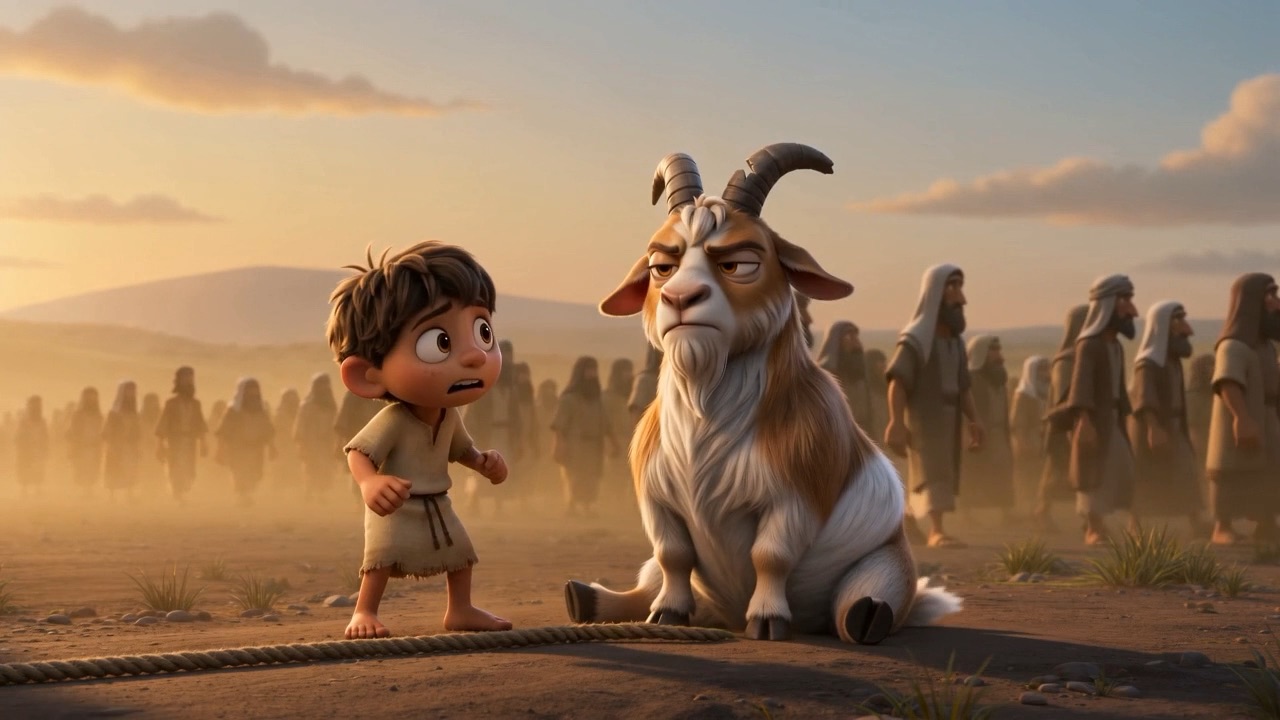 A boy pleads with the family goat: everyone is leaving
