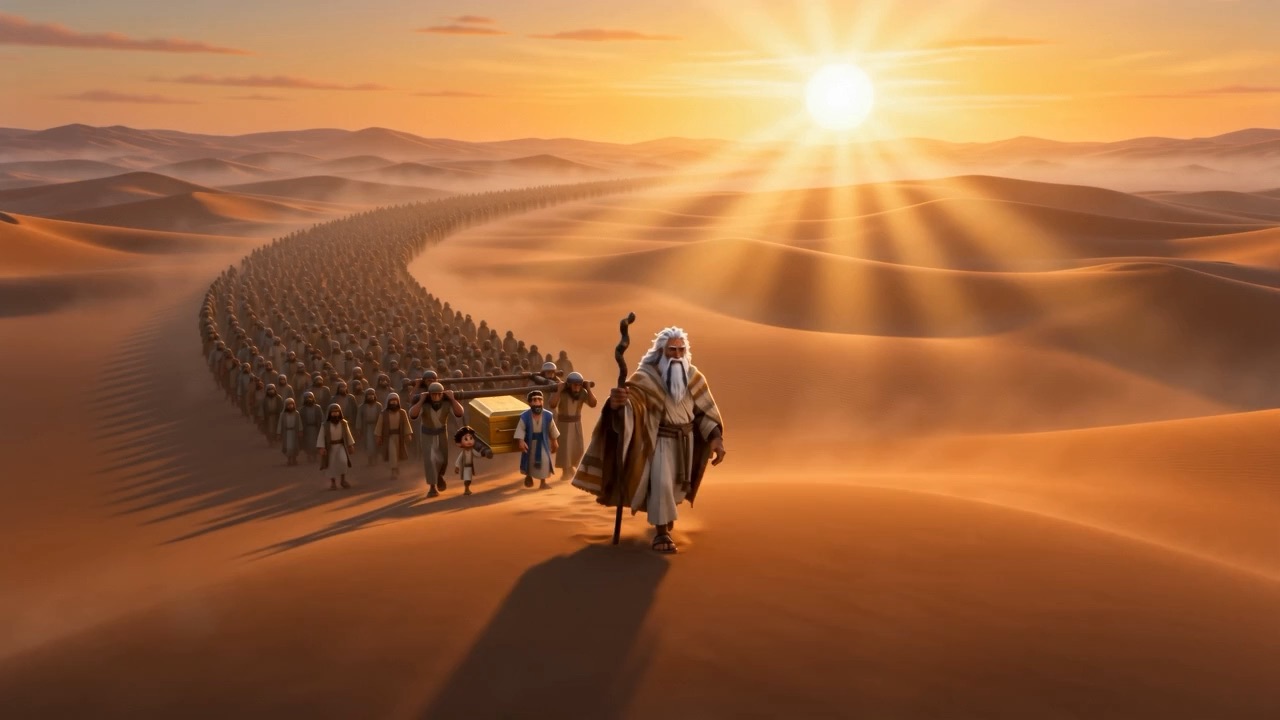 The column winds out into the dunes, Moses at its head