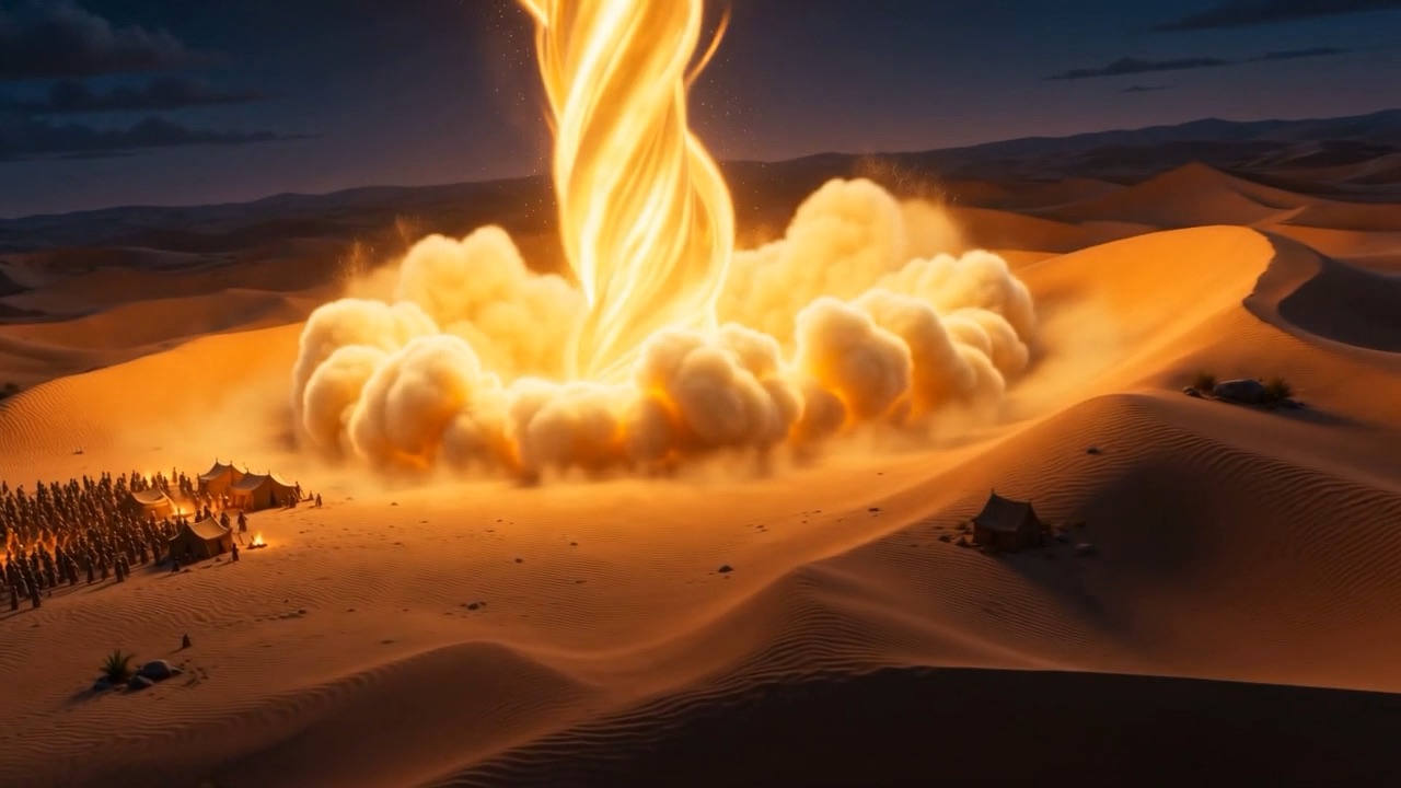 A pillar of fire plants itself between the camps