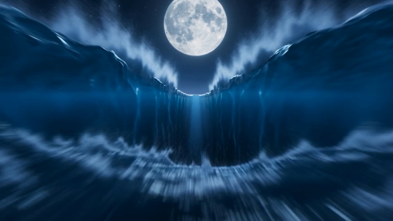A corridor of dry ground under the full moon