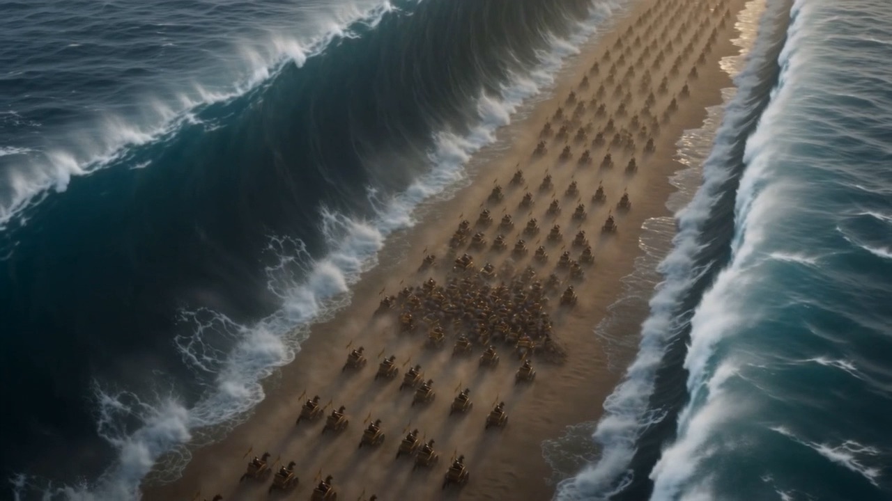 Behind them, the chariots pour into the gap
