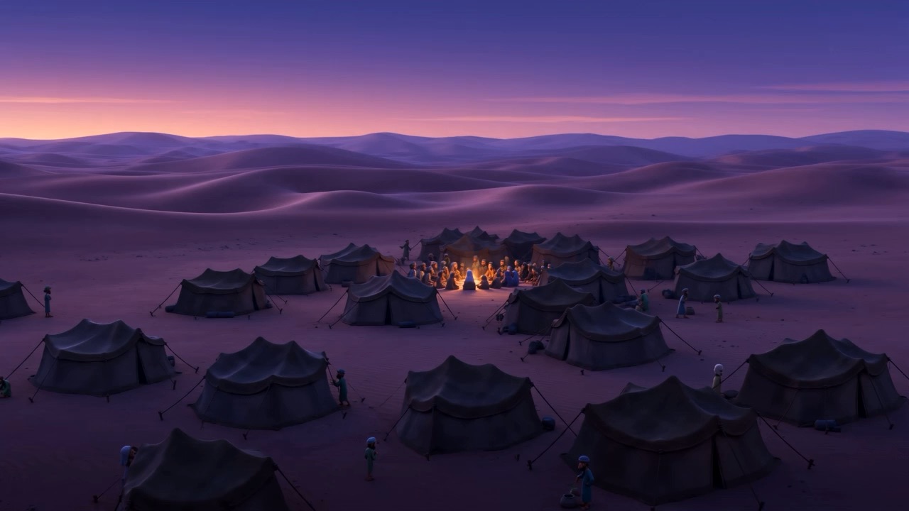 The camp at dusk, purple and quiet and hungry