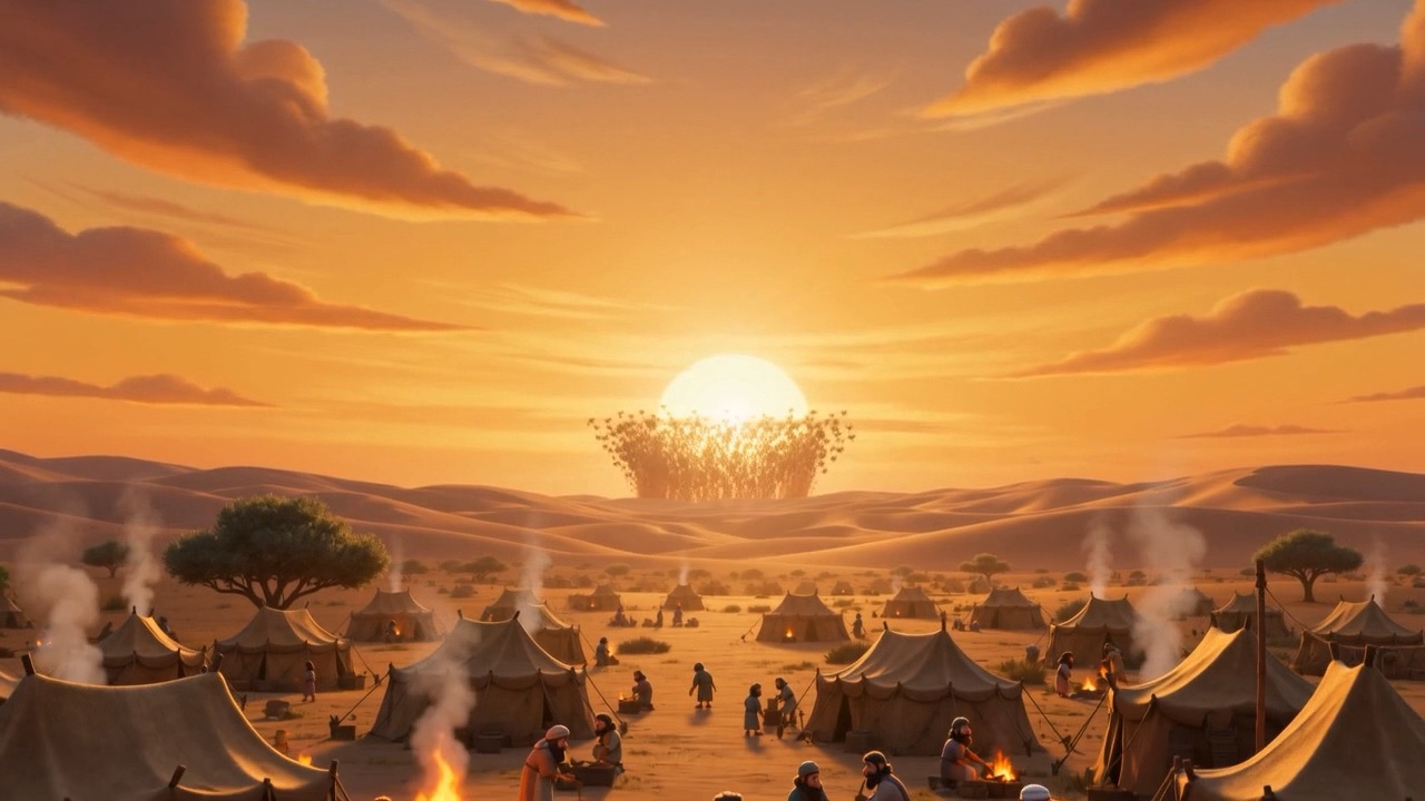 At sunset a dark cloud of birds sweeps over the tents