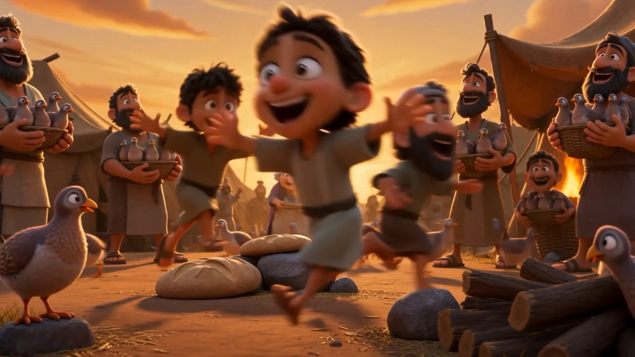 A boy runs delighted through the birds