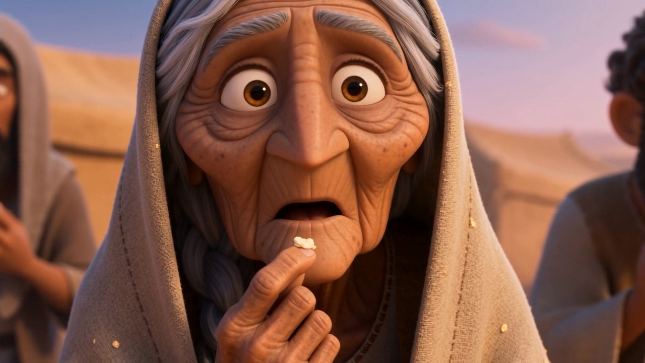 An old woman tastes it, astonished