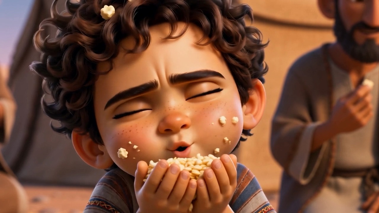 A boy eats a double handful, eyes shut with pleasure