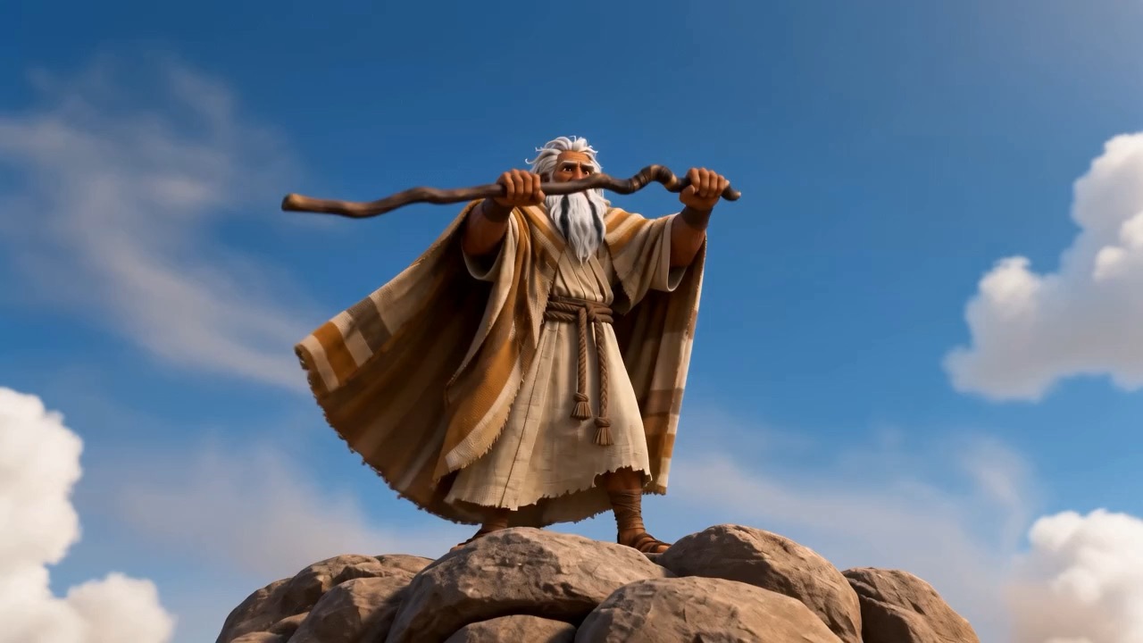On the hill above, Moses lifts his staff over the battle