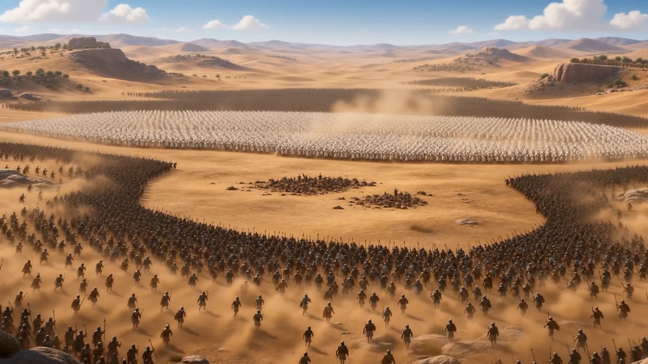 Far below, the two armies close in the dust