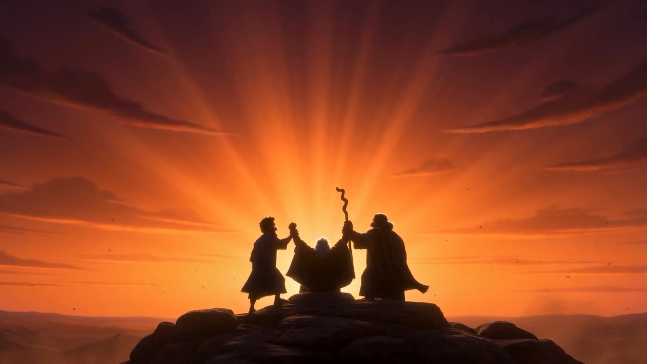 Three men silhouetted on the hill against the sunset