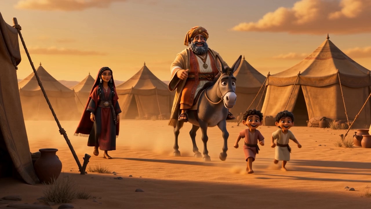 A family arrives at the camp on a donkey