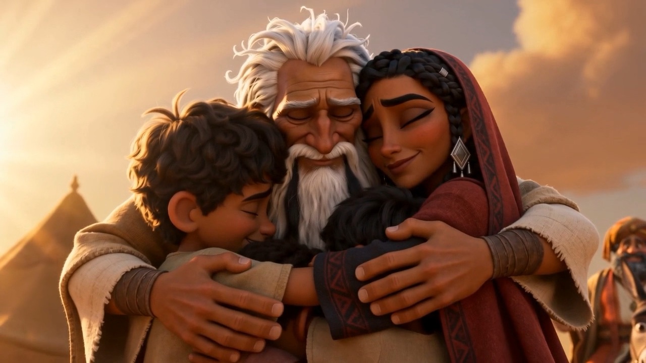 He gathers his wife and sons into his arms