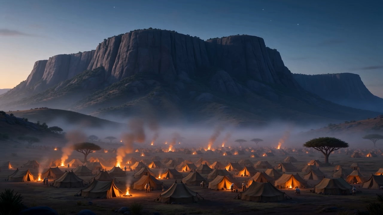 The camp settles at the foot of a dark mountain