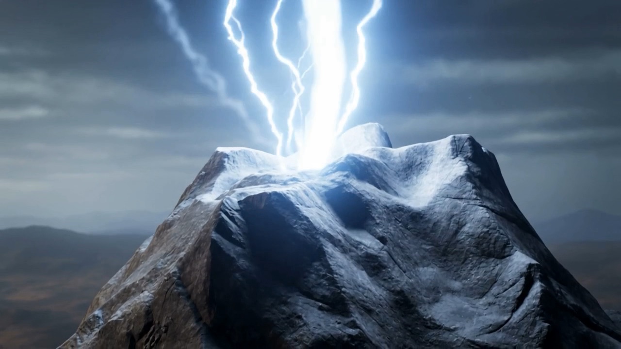 The mountain goes black under a boiling sky