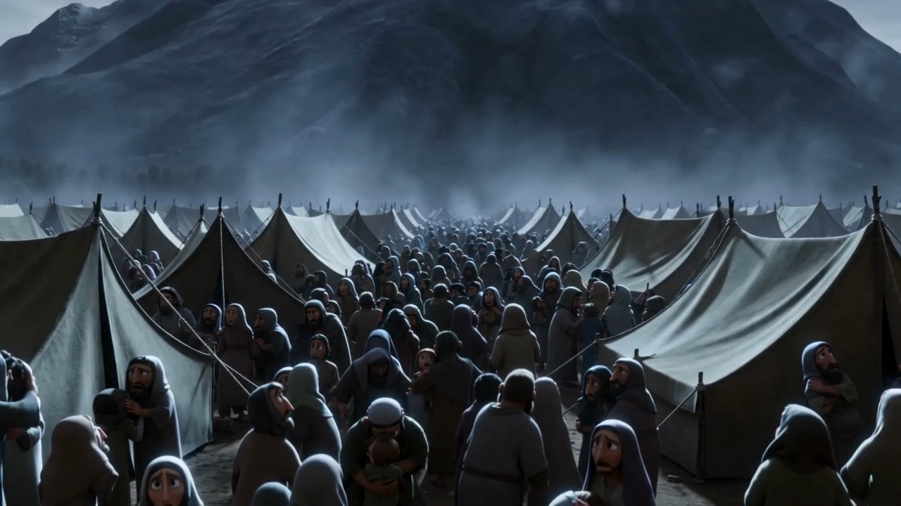 The whole camp stands in the smoke, looking up