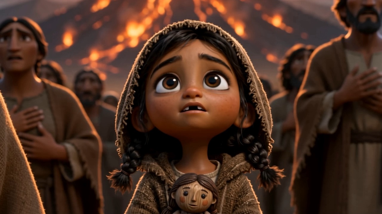 A small girl clutches her doll and stares