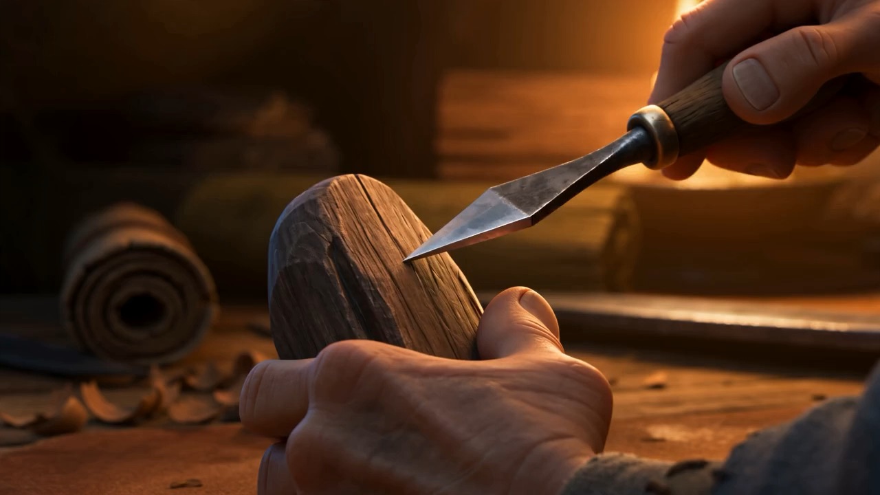 By candlelight, an old woman carves a little household idol