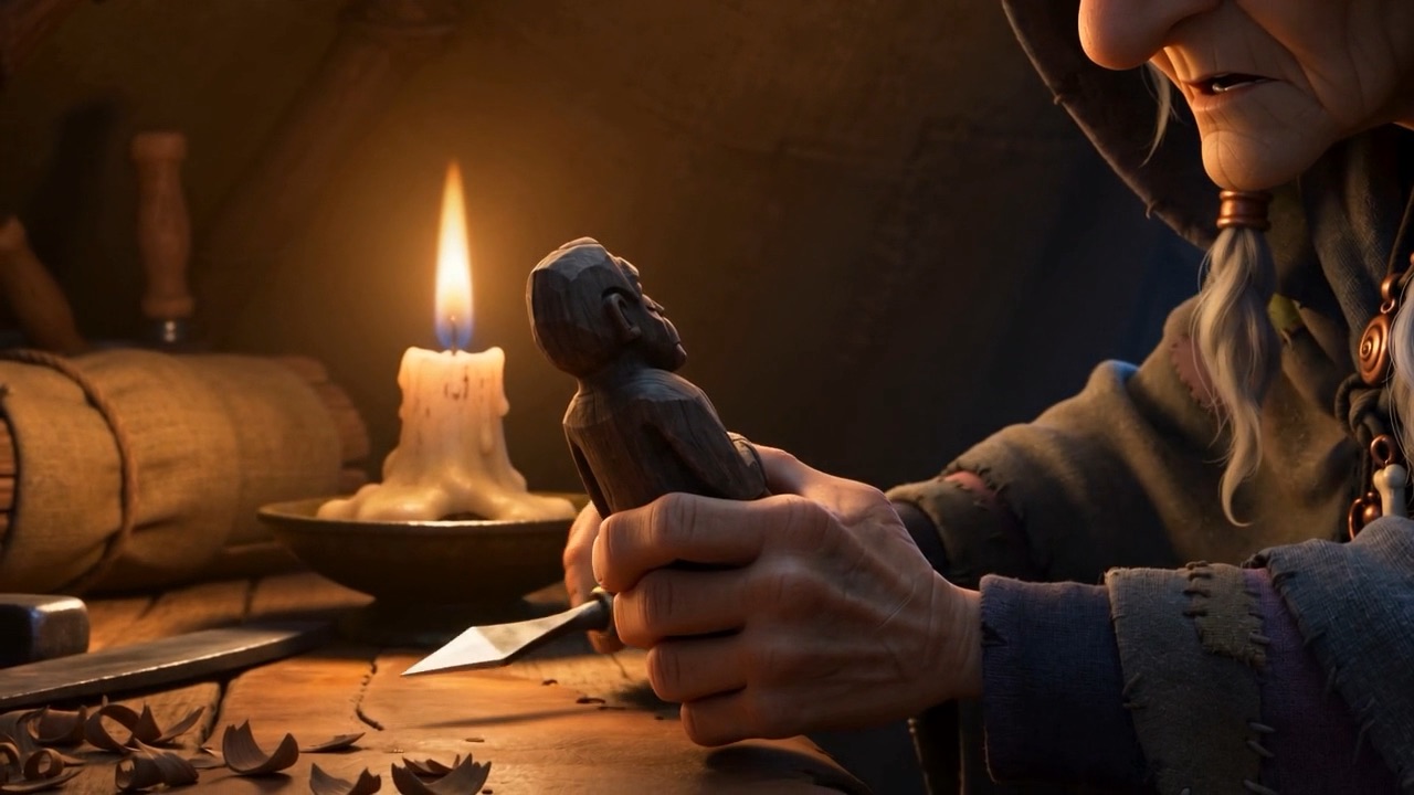 She turns the small carved figure over in her fingers