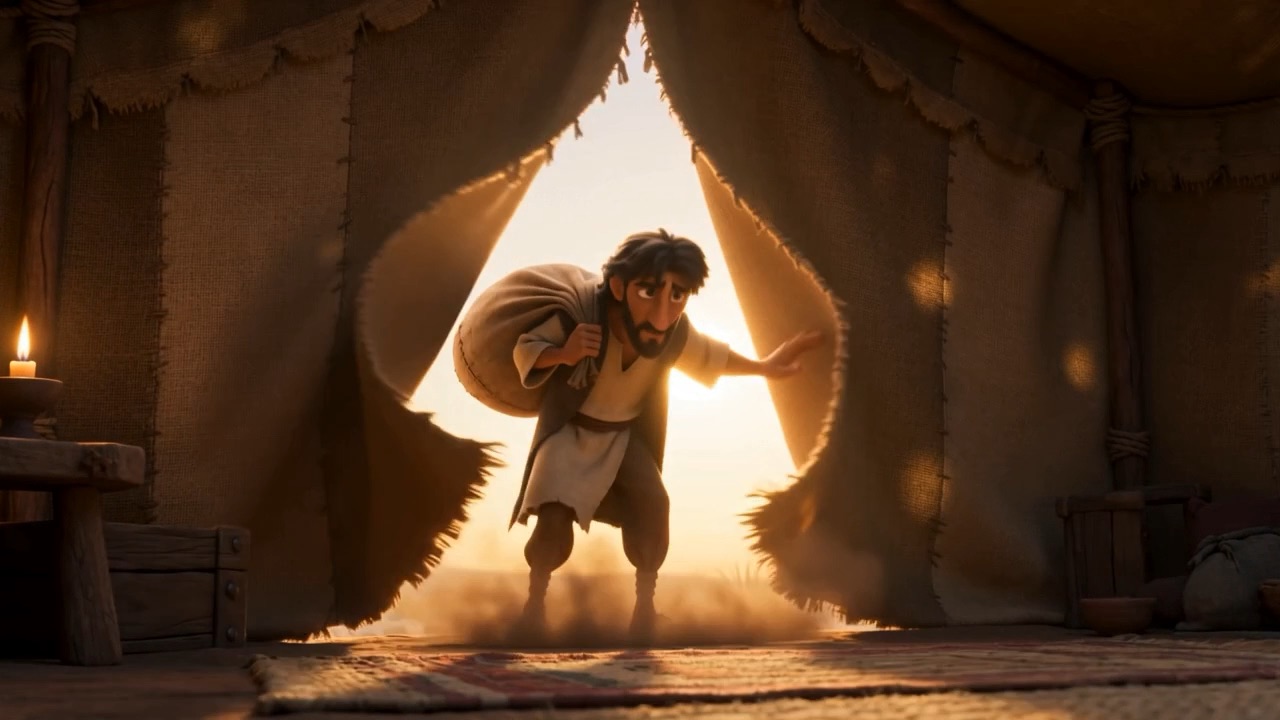 A man hurries home with a sack over his shoulder