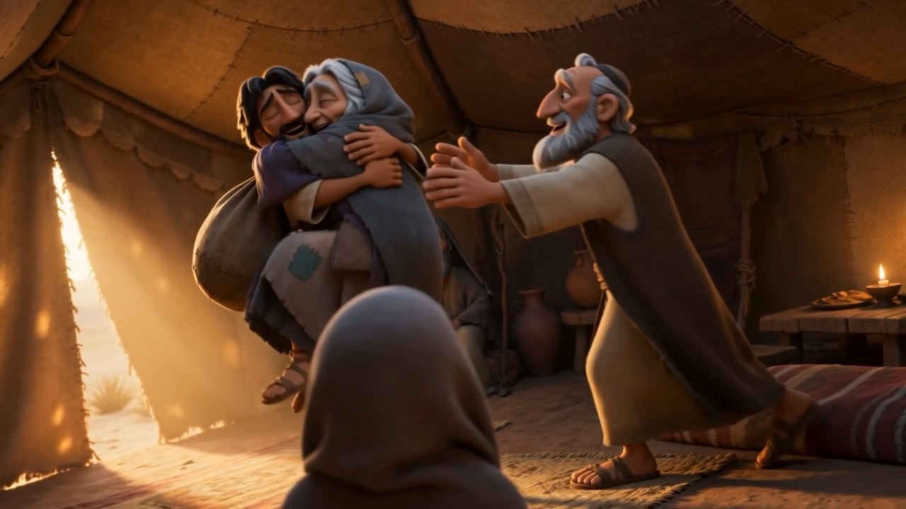 He embraces his elderly parents in the doorway
