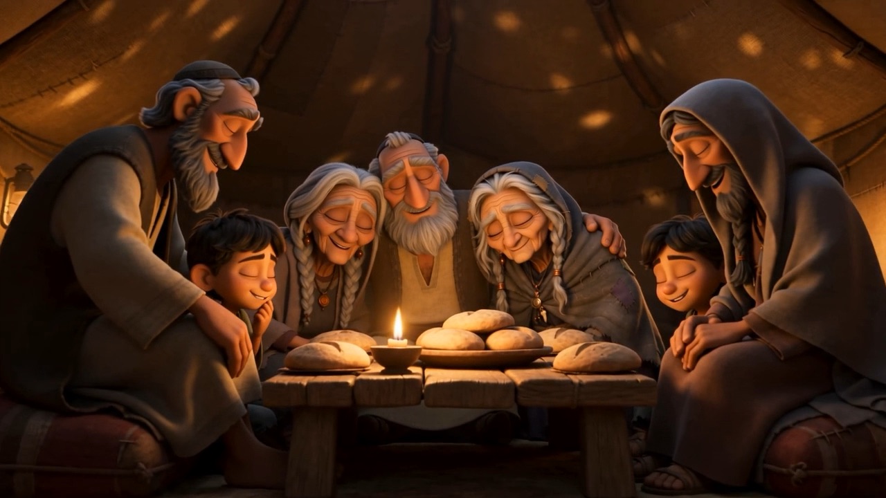 Three generations bake bread together at one low table