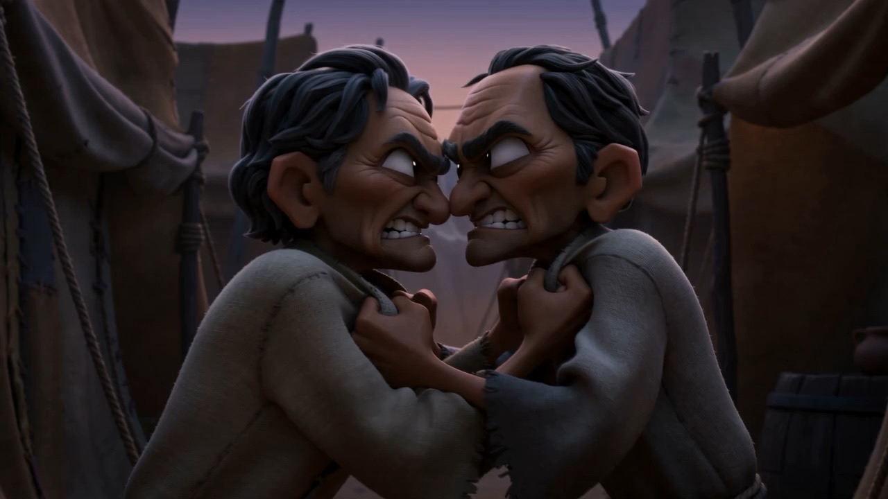 Two men have each other by the collar
