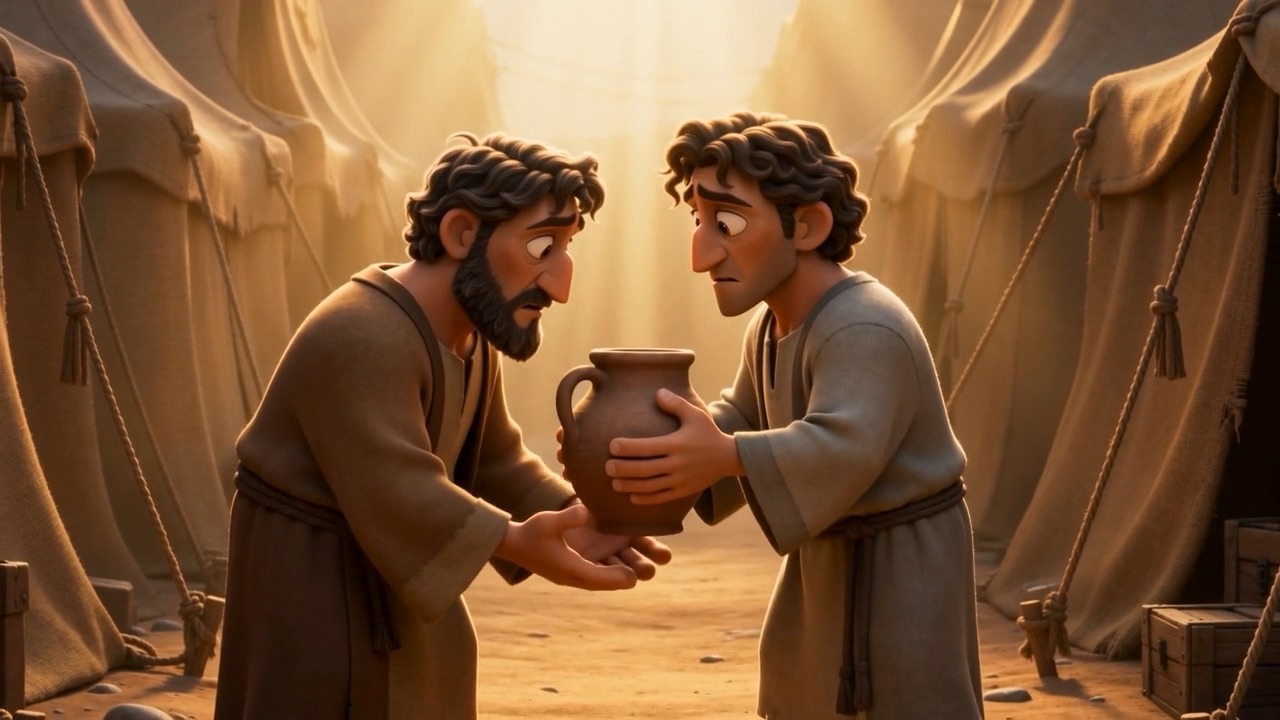 One holds out a jar to the other — the quarrel ends