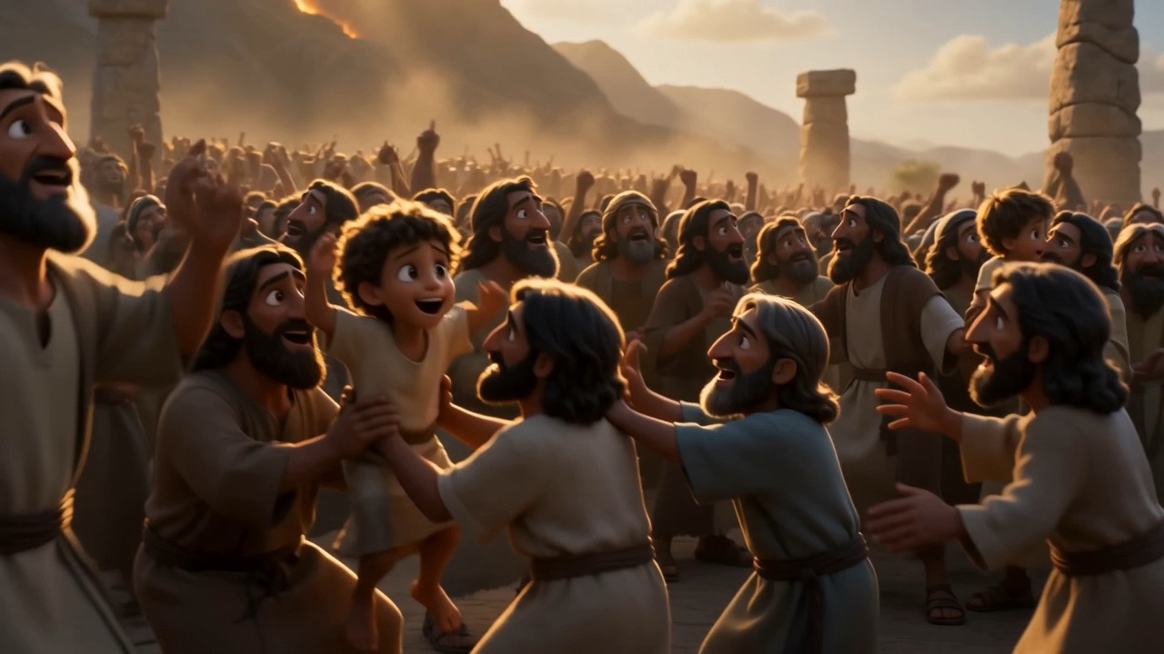 The crowd erupts — fists and voices raised