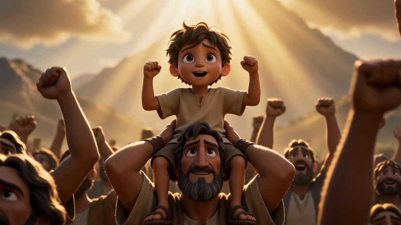 Children on shoulders, everyone shouting together
