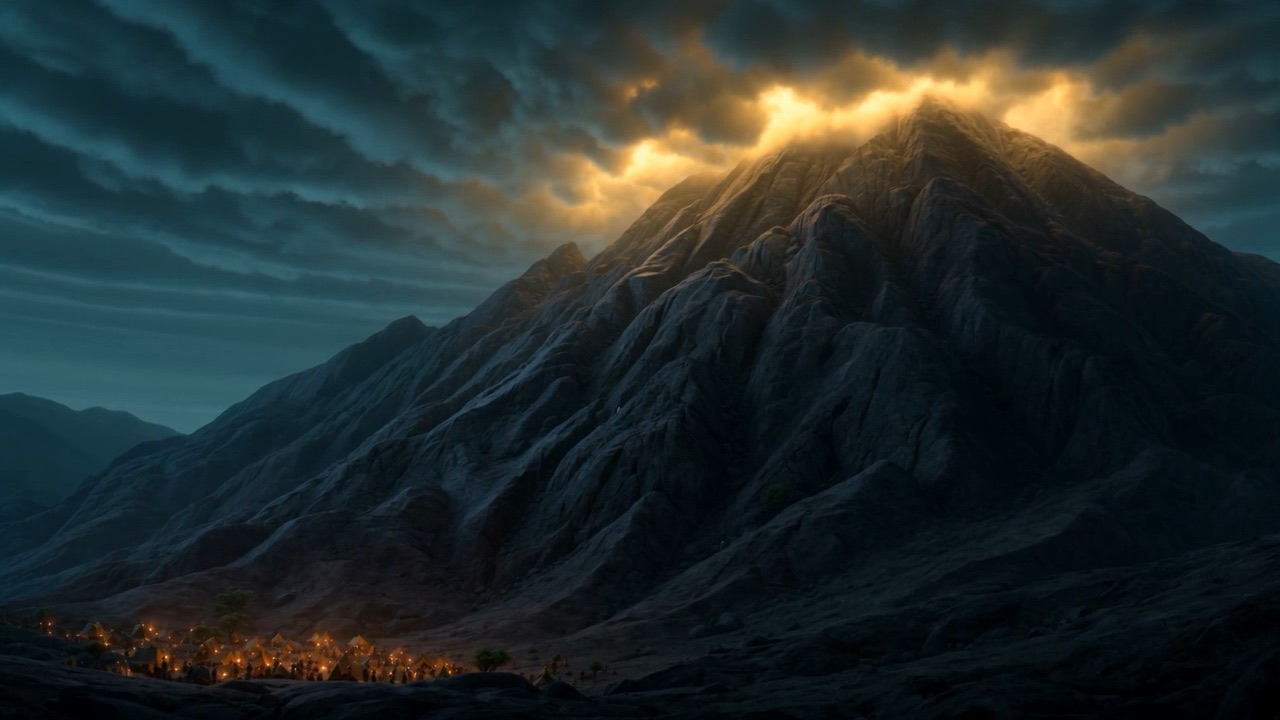 The summit burns above the sleeping camp