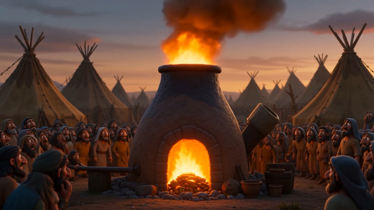A furnace roars among the tents