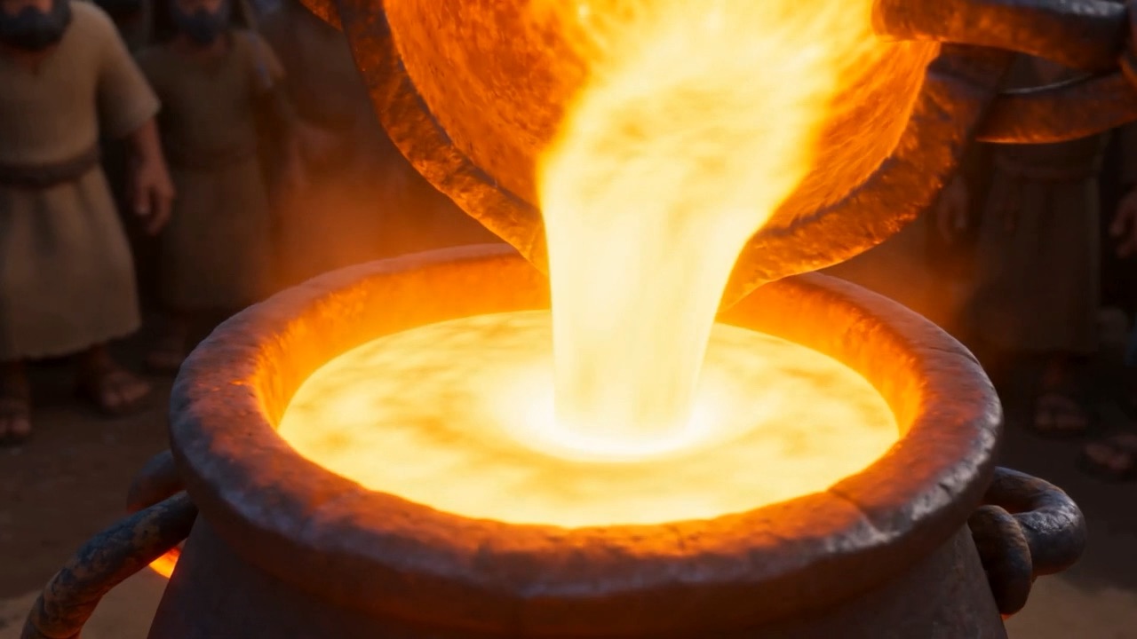 Molten gold pours into the mould