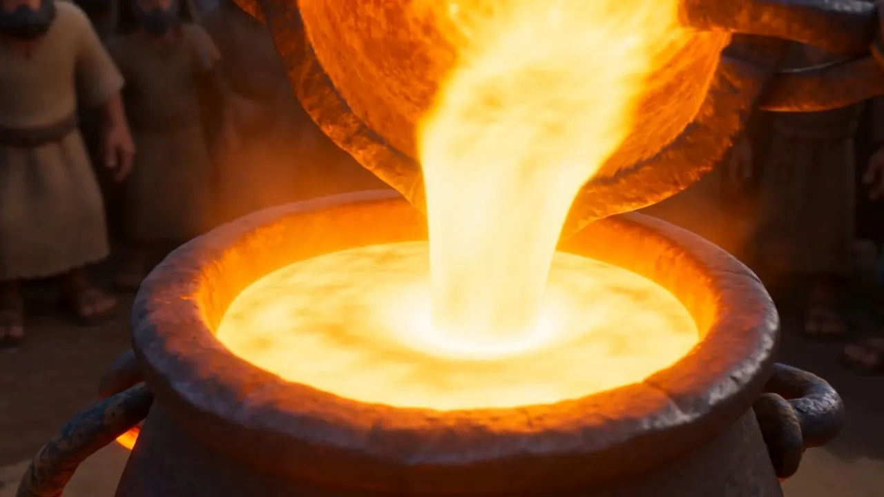 Molten gold pours into the mold