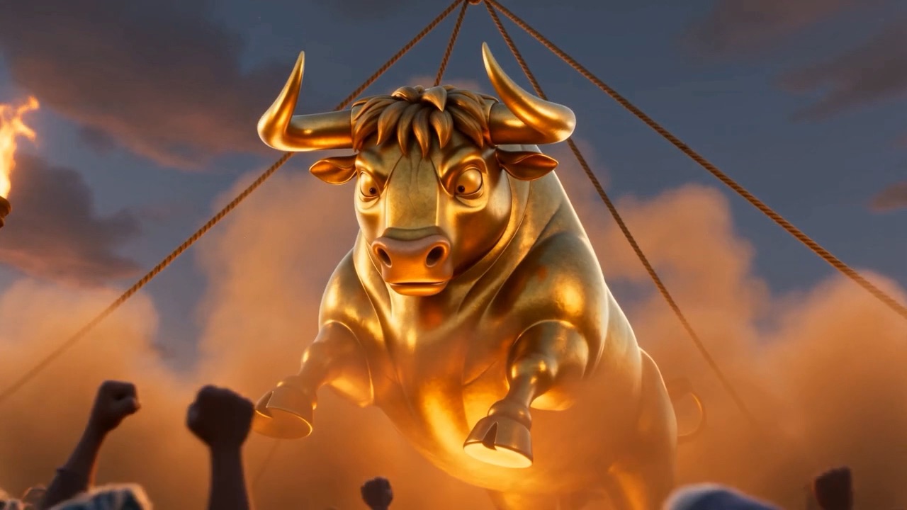 The golden calf hauled upright on ropes over a roaring crowd