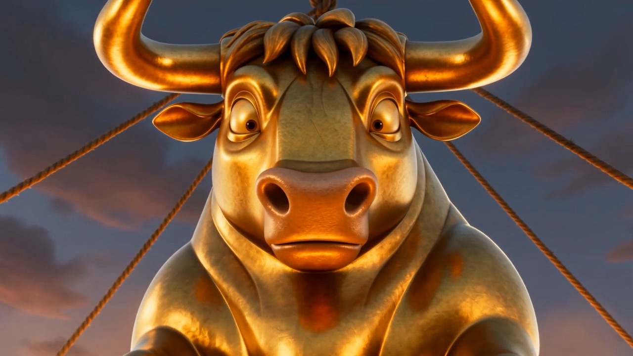 A golden bull, finished, gleaming in the firelight